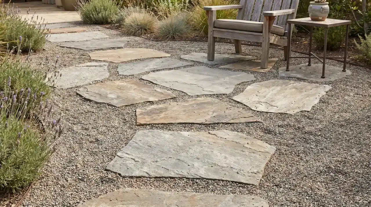 Irregular flagstone pieces set flush into a gravel patio surface at walking intervals with furniture