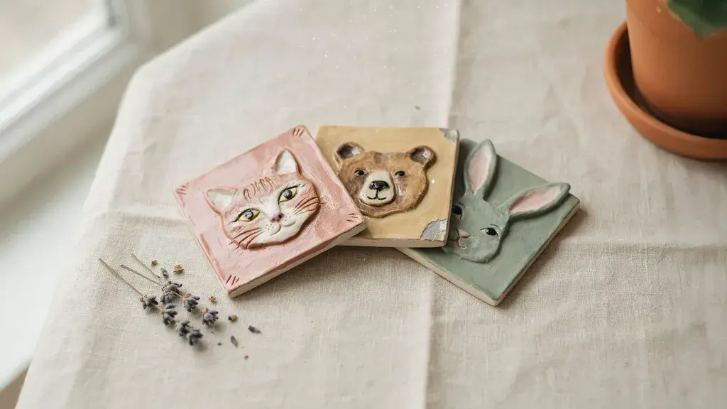 Flat clay tiles featuring raised animal faces with hand-painted details and soft matte finish.