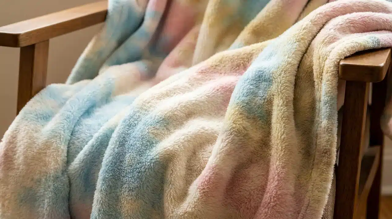 Soft fleece tie dye fabric draped over a chair showing a plush textured surface