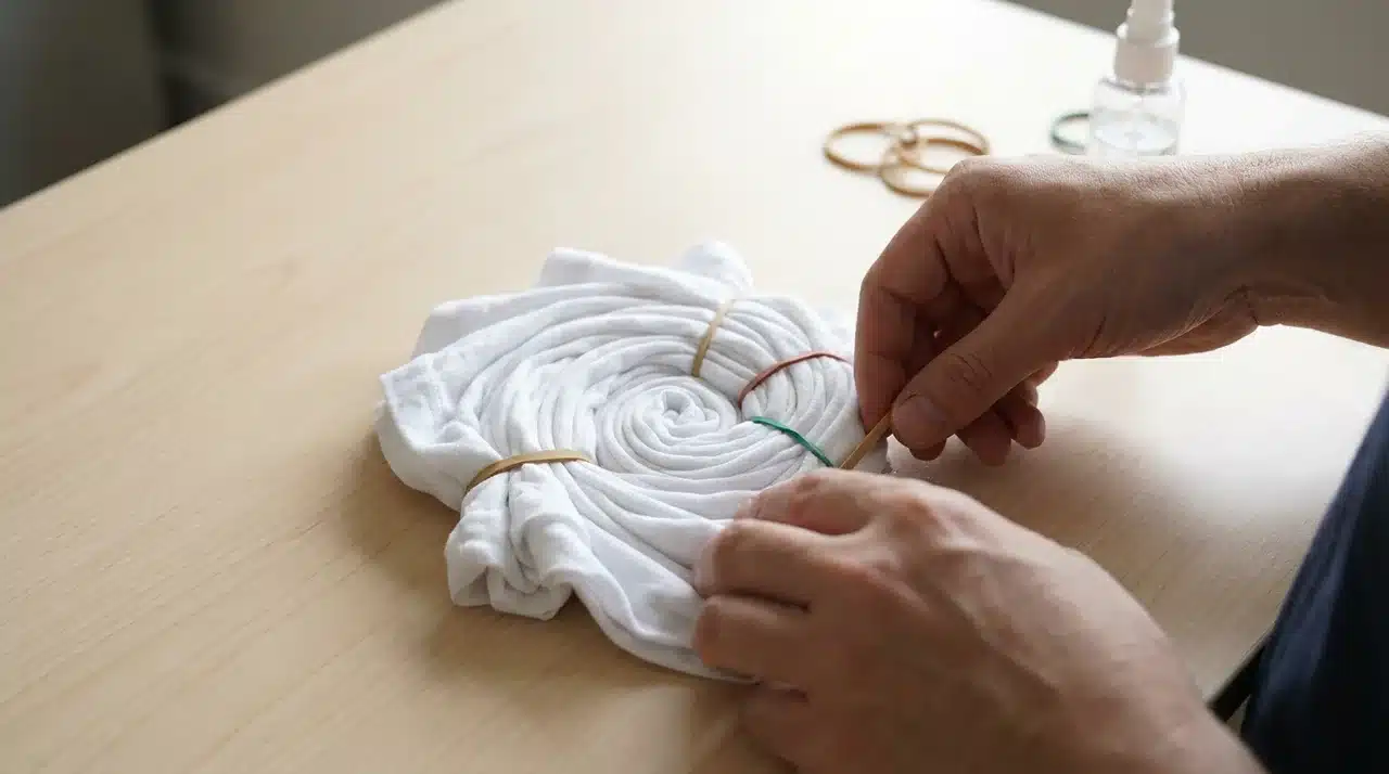 White cotton shirt twisted into a spiral and secured with rubber bands before applying tie-dye colors