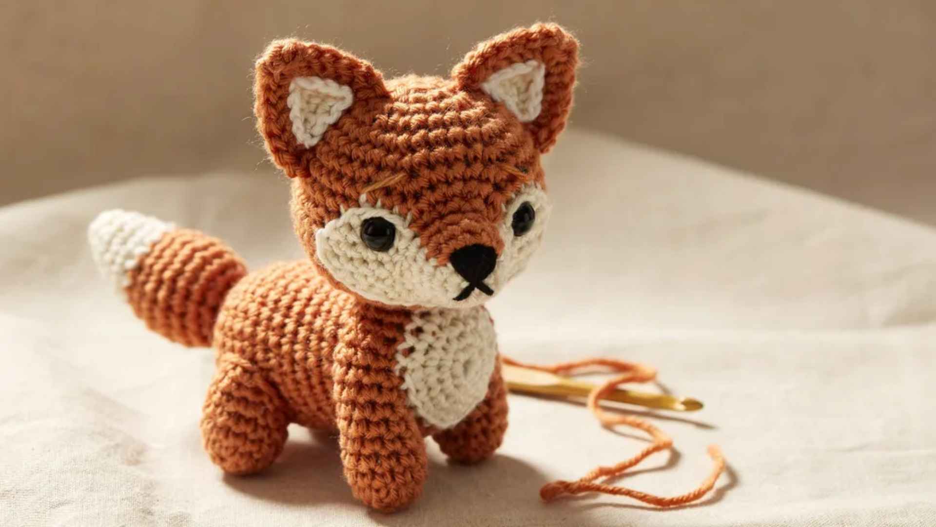 Crochet fox amigurumi with pointed muzzle and color changes showing detailed intermediate shaping on soft background