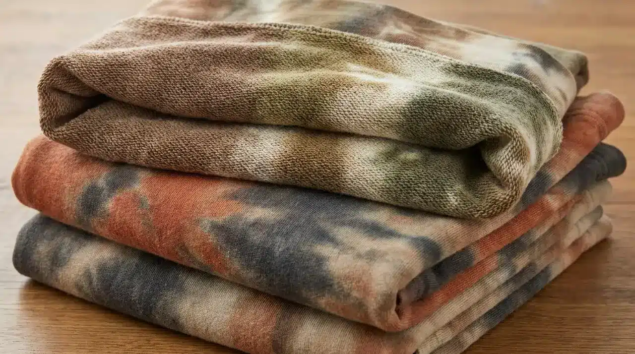 Folded French terry tie dye fabric showing medium weight texture and earthy color pattern