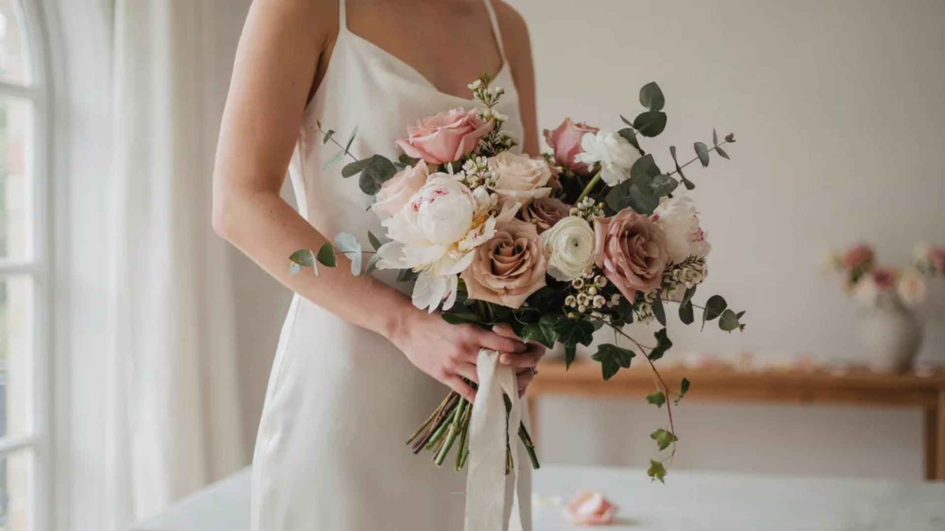 Fresh wedding bouquet of seasonal roses and peonies held by bride in soft natural daylight indoor setting