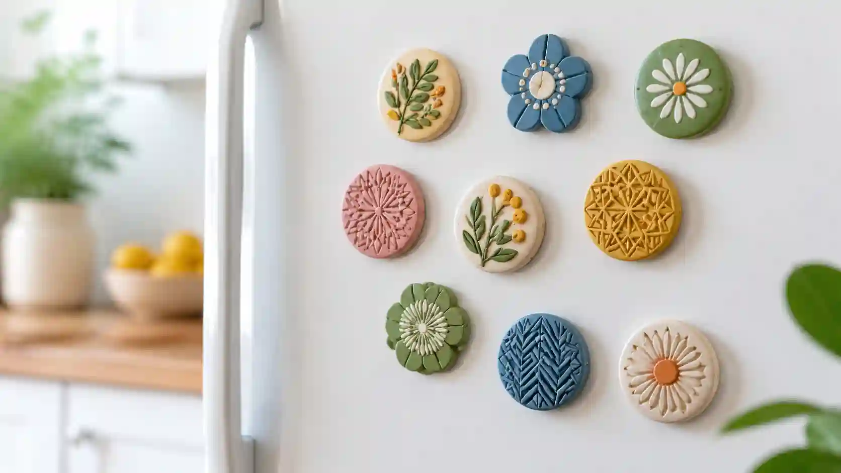Small handmade clay fridge magnets with pressed surface patterns, designed for attaching to metal surfaces, featuring decorative textures and strong adhesive backing.