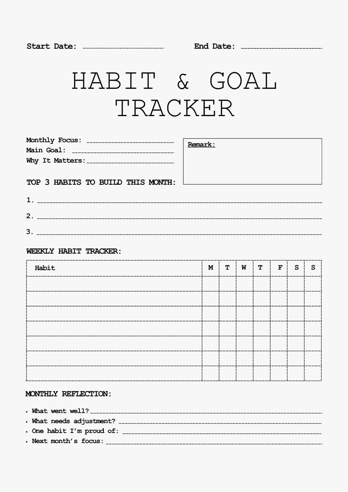 habit and goal tracker bullet journal page with start and end date monthly focus main goal top habits weekly tracker and monthly reflection