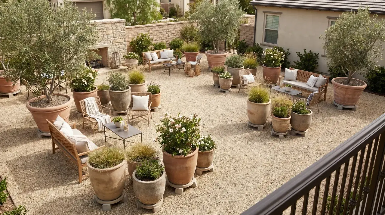 Gravel courtyard with large pots of varying heights placed at intervals dividing the space into zones