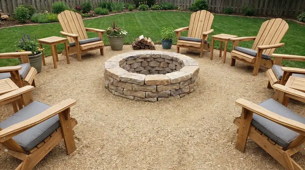 Circular stacked stone fire pit ring surrounded by a wide crushed granite gravel surface with furniture