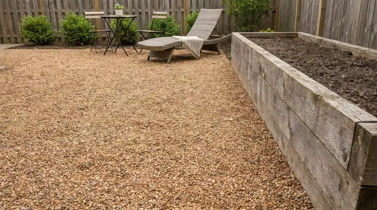 Gravel patio with a raised garden bed wall serving as the border along one side