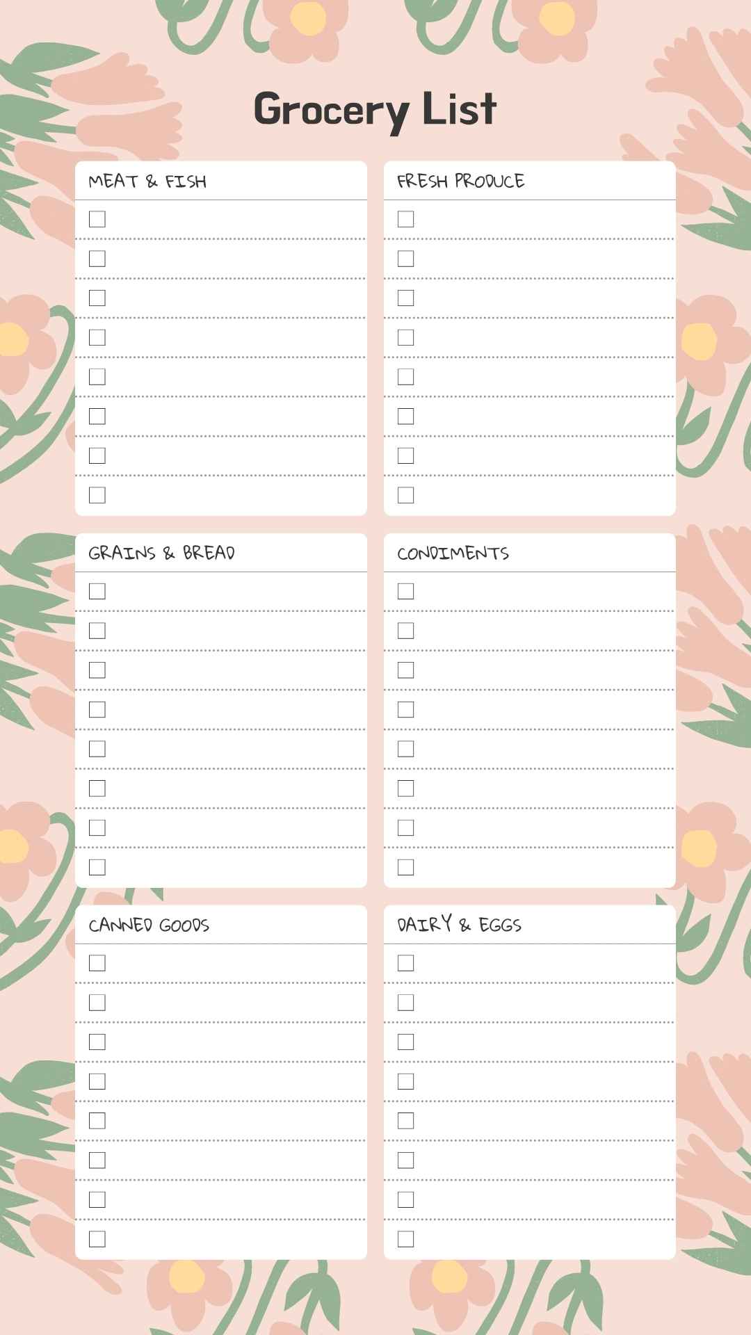 grocery list bullet journal layout with sections for meat and fish fresh produce grains and bread condiments canned goods and dairy and eggs with floral background