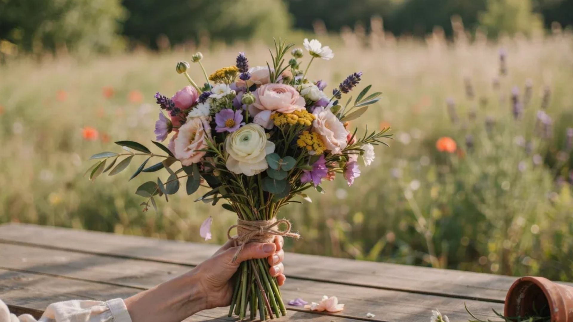 A rustic hand tied wedding bouquet with wildflowers and greenery wrapped in twine held in a relaxed garden setting