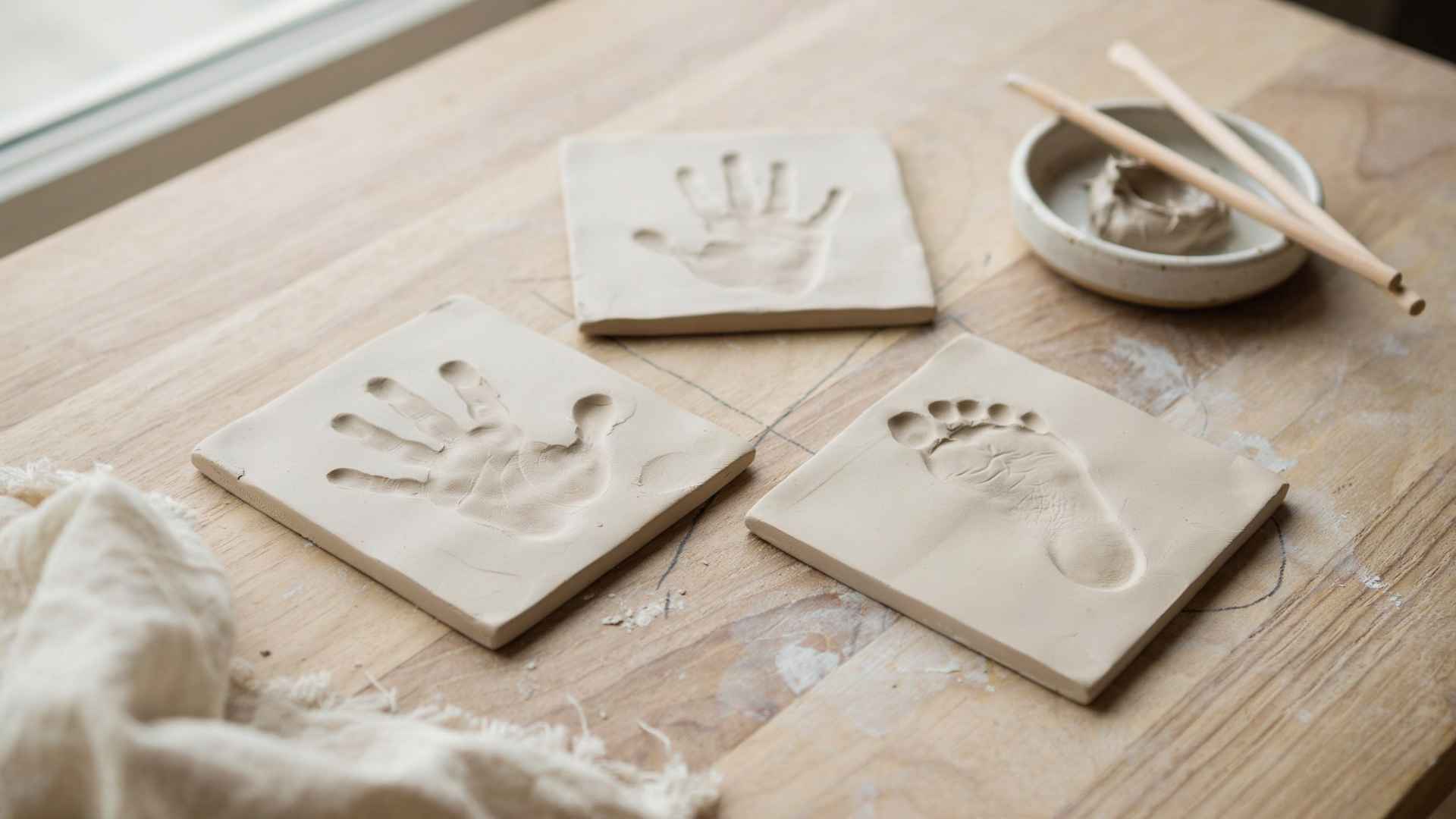 Clay handprint and footprint keepsake impressions