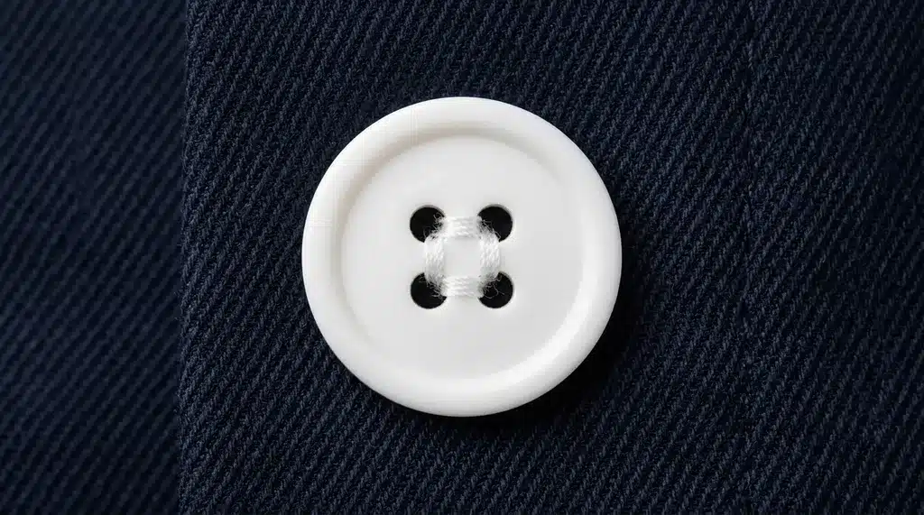 A round white four-hole button sewn in a square stitch pattern onto dark blue fabric in