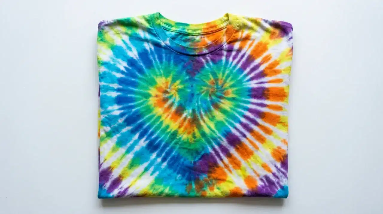 Folded tie dye shirt with a large heart-shaped design in bright rainbow colors