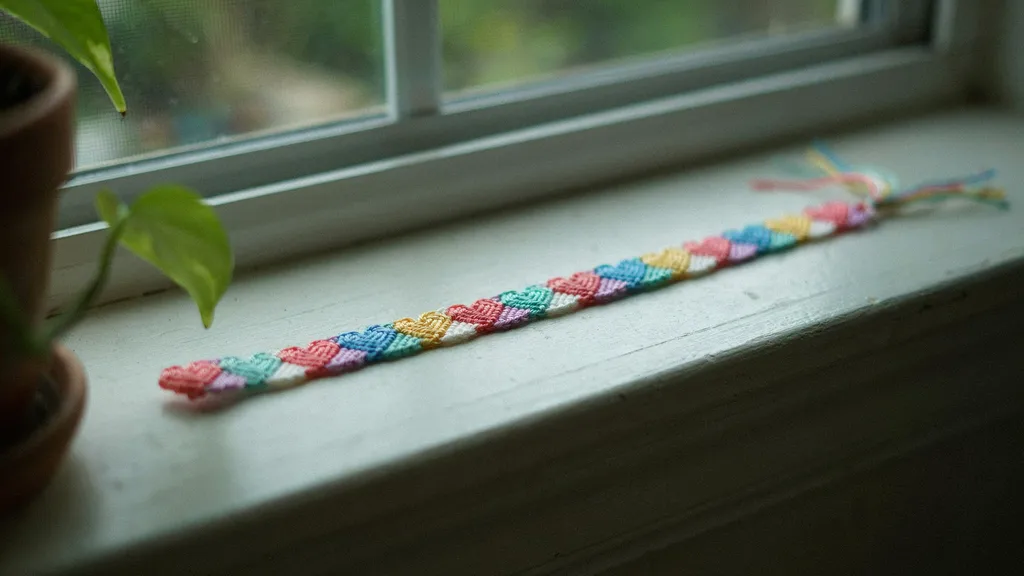 Pastel heart pattern friendship bracelet resting on a windowsill near indoor plants.