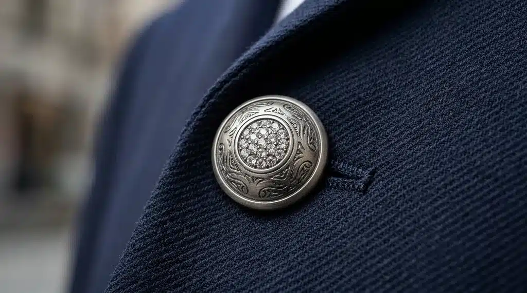 An ornate, dome-shaped metallic button with intricate engravings and a pave-set rhinestone center fastened to a dark navy blue suit jacket lapel.