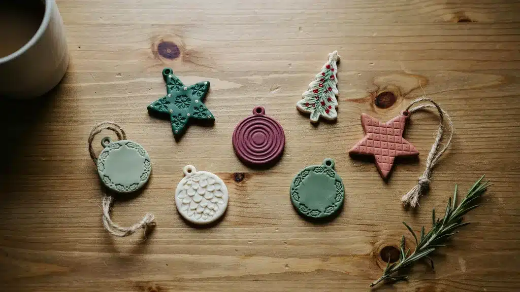 A set of handmade flat polymer clay holiday ornaments lying flat on a rustic wooden table, featuring festive shapes and textured details under warm light.