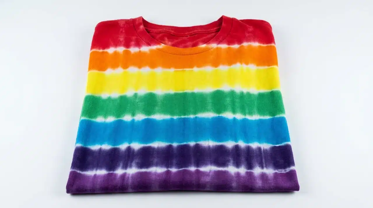Tie dye shirt with horizontal rainbow stripes and clean color bands across the fabric