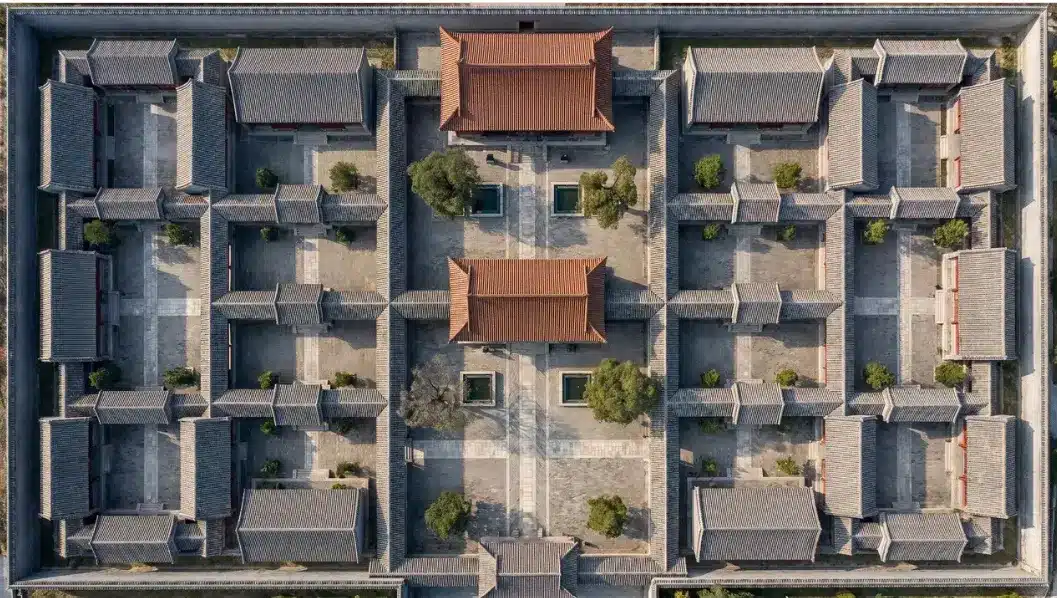 Aerial view of a traditional Chinese courtyard complex showing symmetrical layout, multiple roofed structures, and organized open spaces within a walled perimeter.