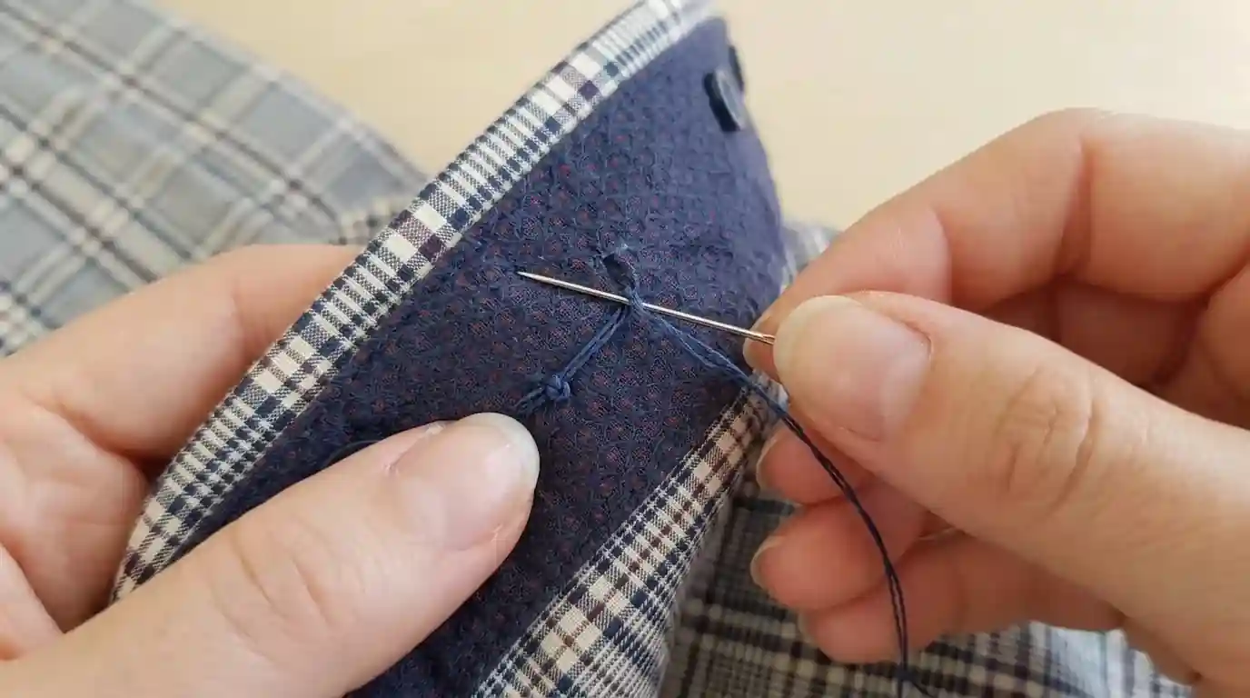 A close-up of hands sewing a shirt collar with a needle and blue thread.