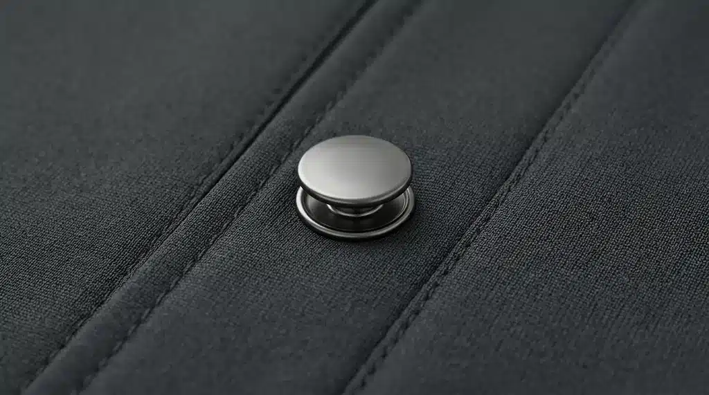 A smooth, rounded metallic snap button attached to a dark fabric placket with visible stitching