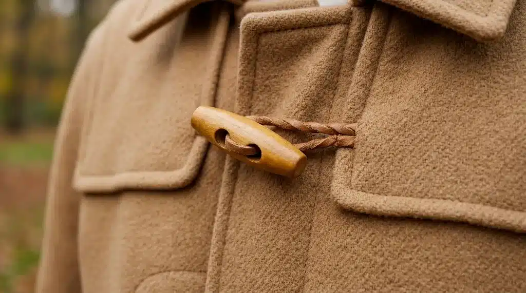 A smooth, cylindrical toggle button attached to a fabric with visible stitching