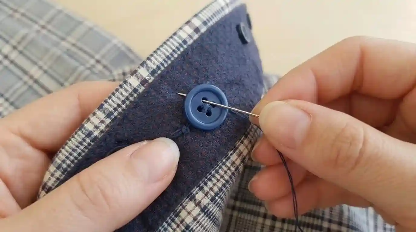 A close-up of hands sewing a blue button onto a shirt collar with a needle and thread.