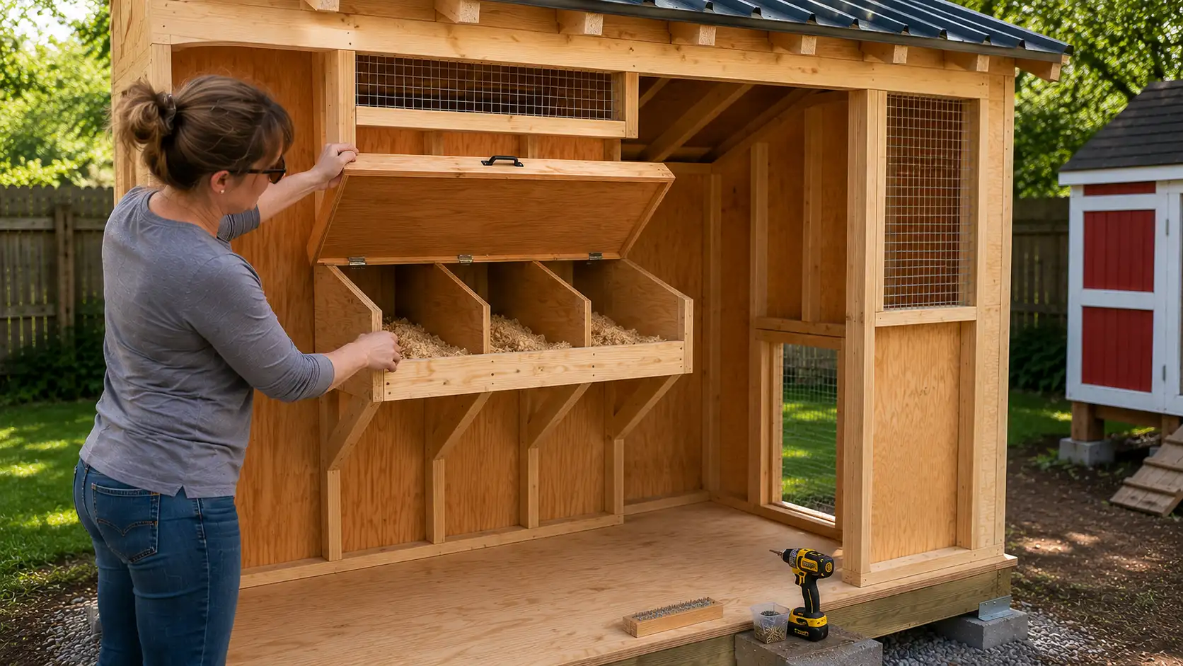 Chicken coop nesting boxes with hinged access lid and ventilation panels installed inside the coop