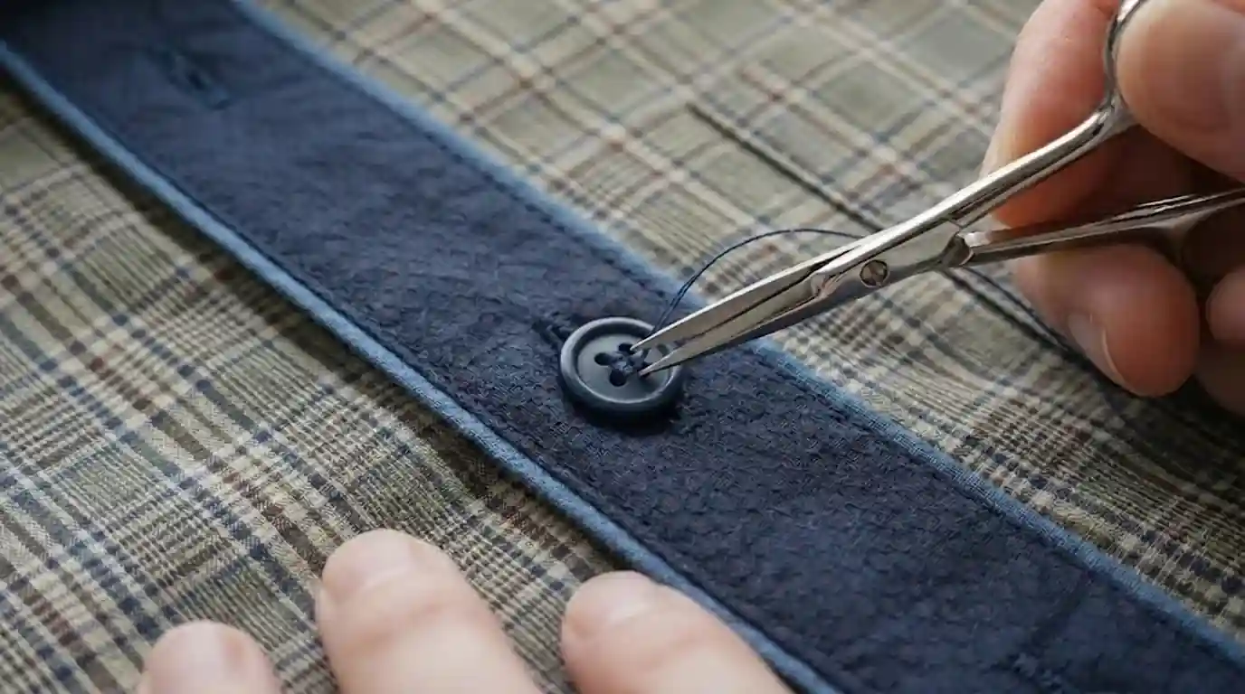 A close-up of hands trimming a thread on a single blue shirt button with sewing scissors.