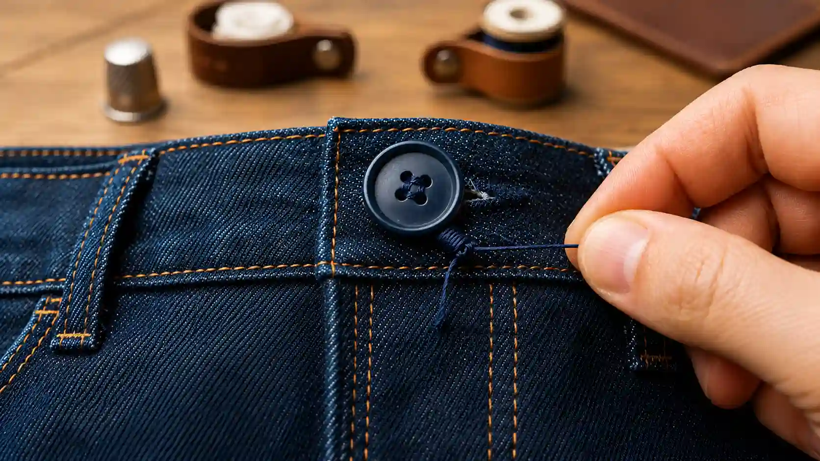 Hand sewing a dark button onto blue denim jeans with thread and sewing tools nearby.