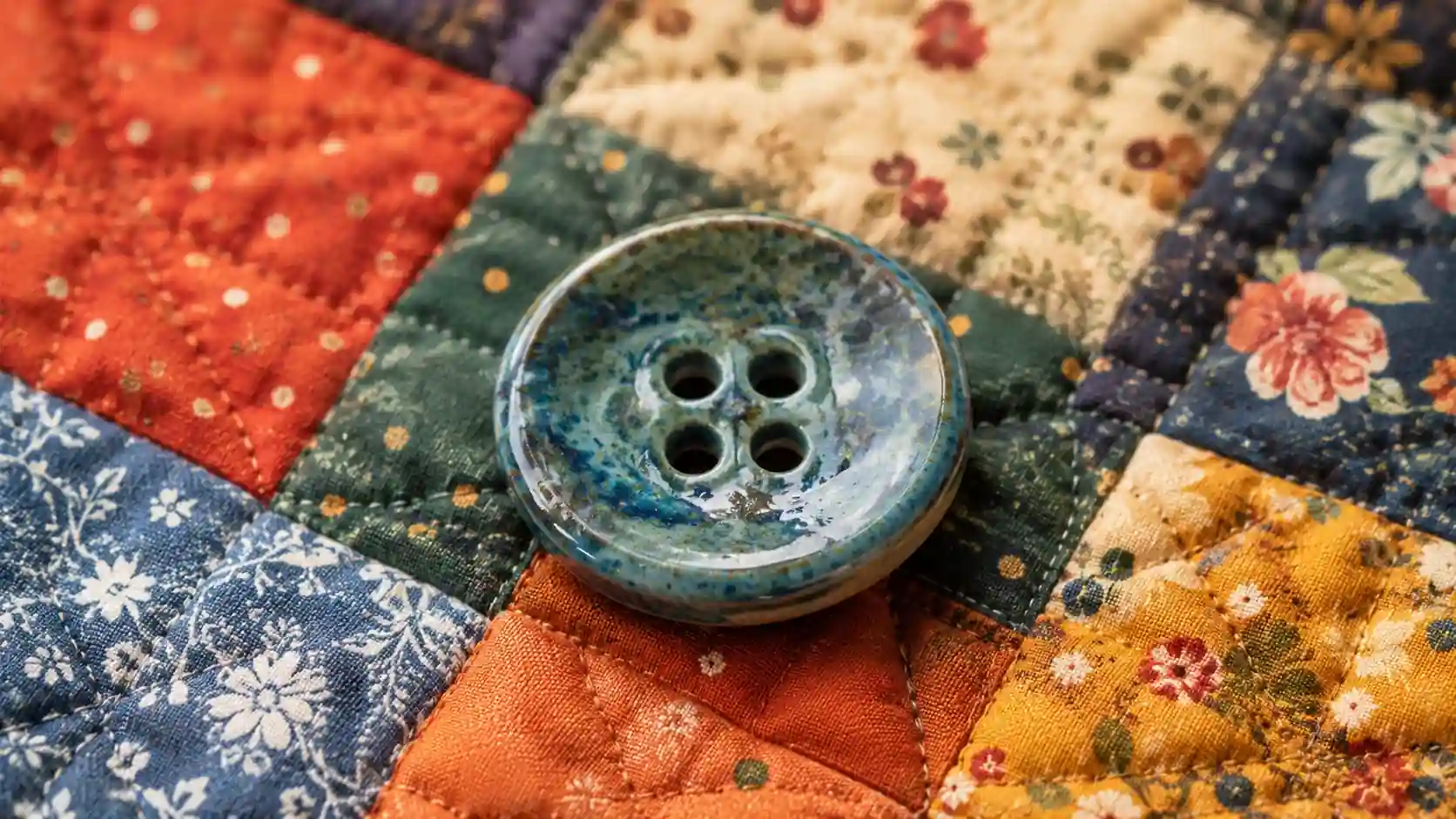 Handcrafted glazed ceramic button on colorful quilted fabric showcasing artisan craftsmanship and realistic texture details.