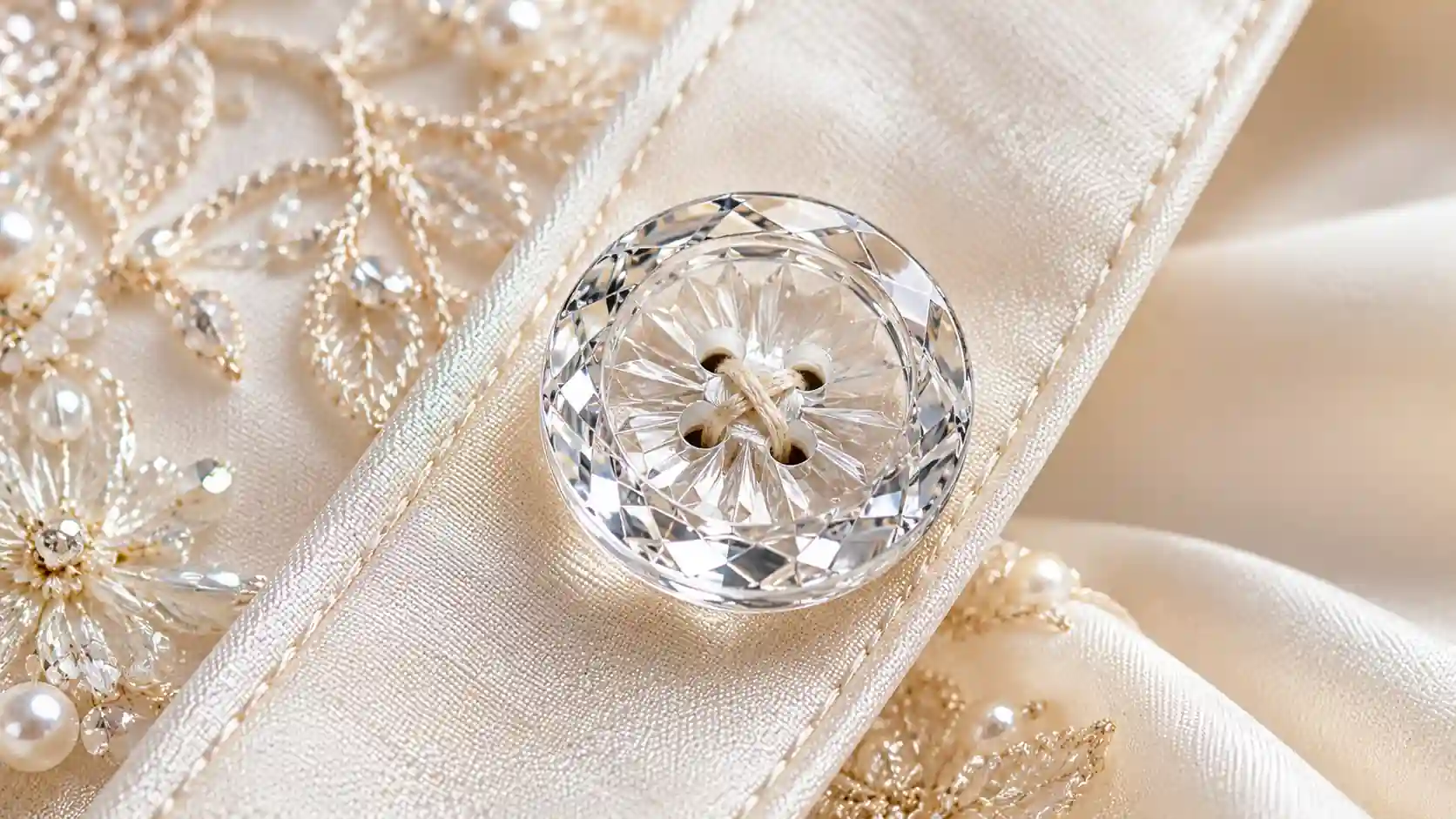 Elegant transparent glass button attached to ivory bridal fabric with delicate texture and soft reflections.