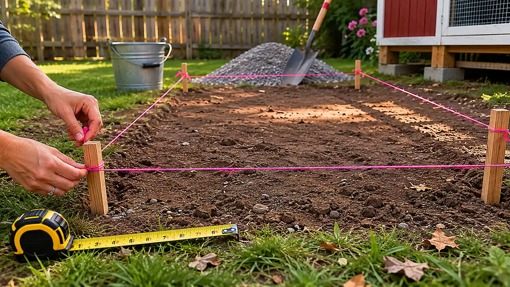 DIY chicken coop foundation layout marked with stakes, string lines, and measuring tape in a backyard construction area