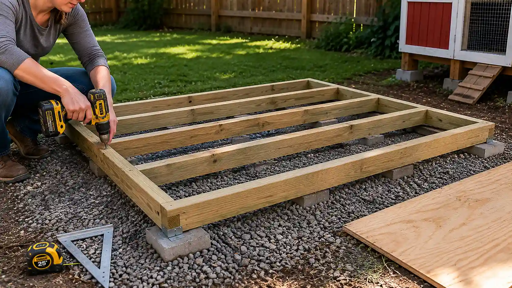 DIY chicken coop floor frame assembly on gravel foundation using treated lumber, concrete blocks, and power tools
