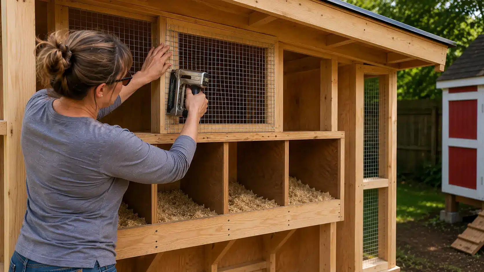 DIY chicken coop ventilation screen installation above nesting boxes using galvanized wire mesh and a staple gun