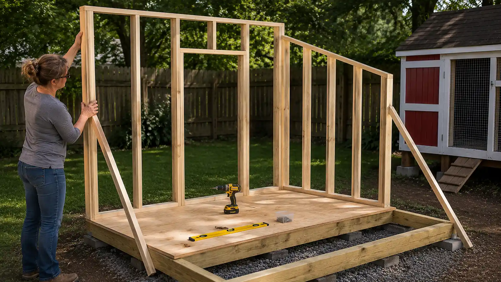 DIY chicken coop wall framing installation with wooden studs, plywood flooring, and temporary support braces