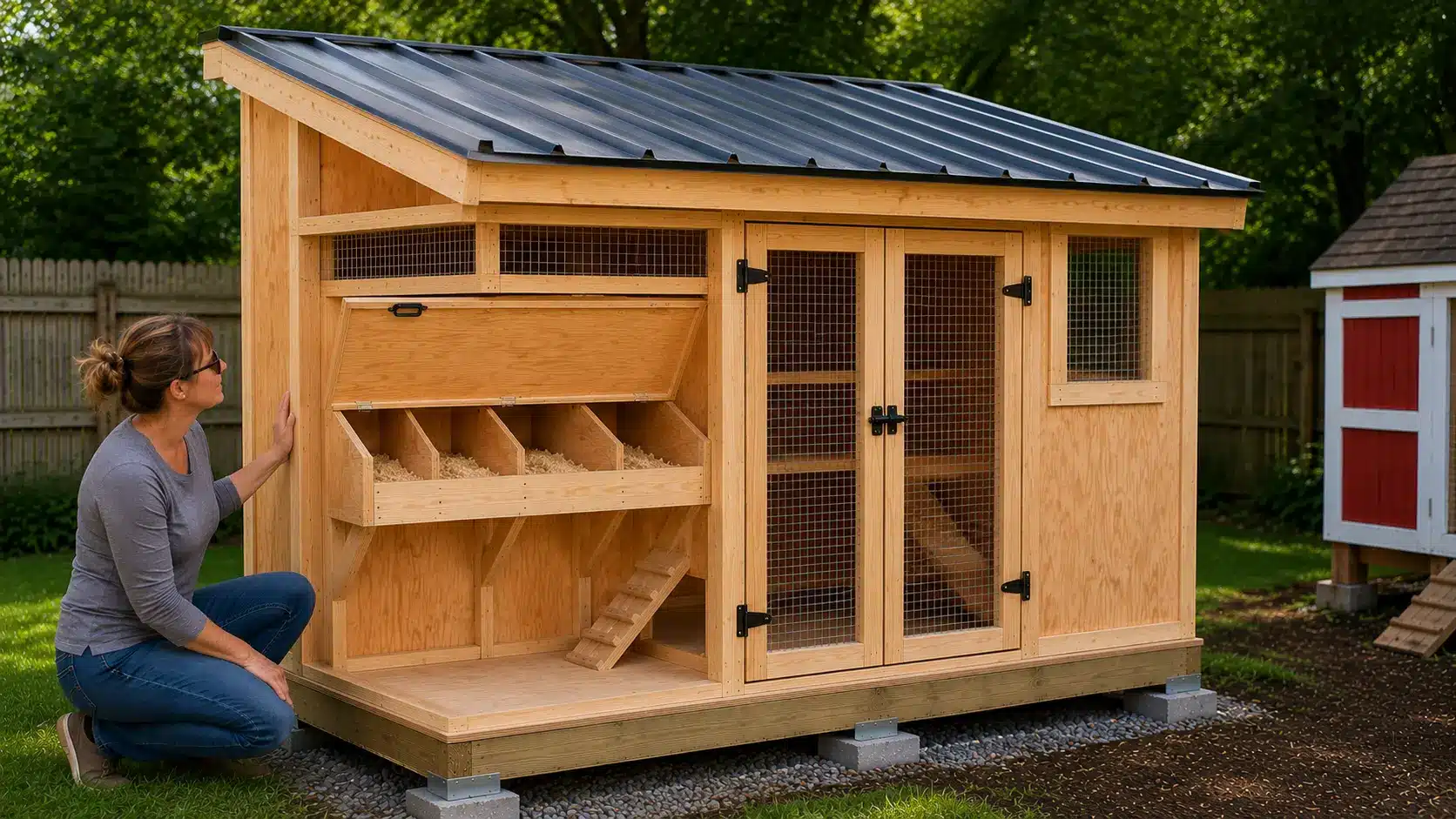 Finished DIY chicken coop with nesting boxes, ventilation panels, secure wire mesh doors, and a metal roof in a backyard setting.