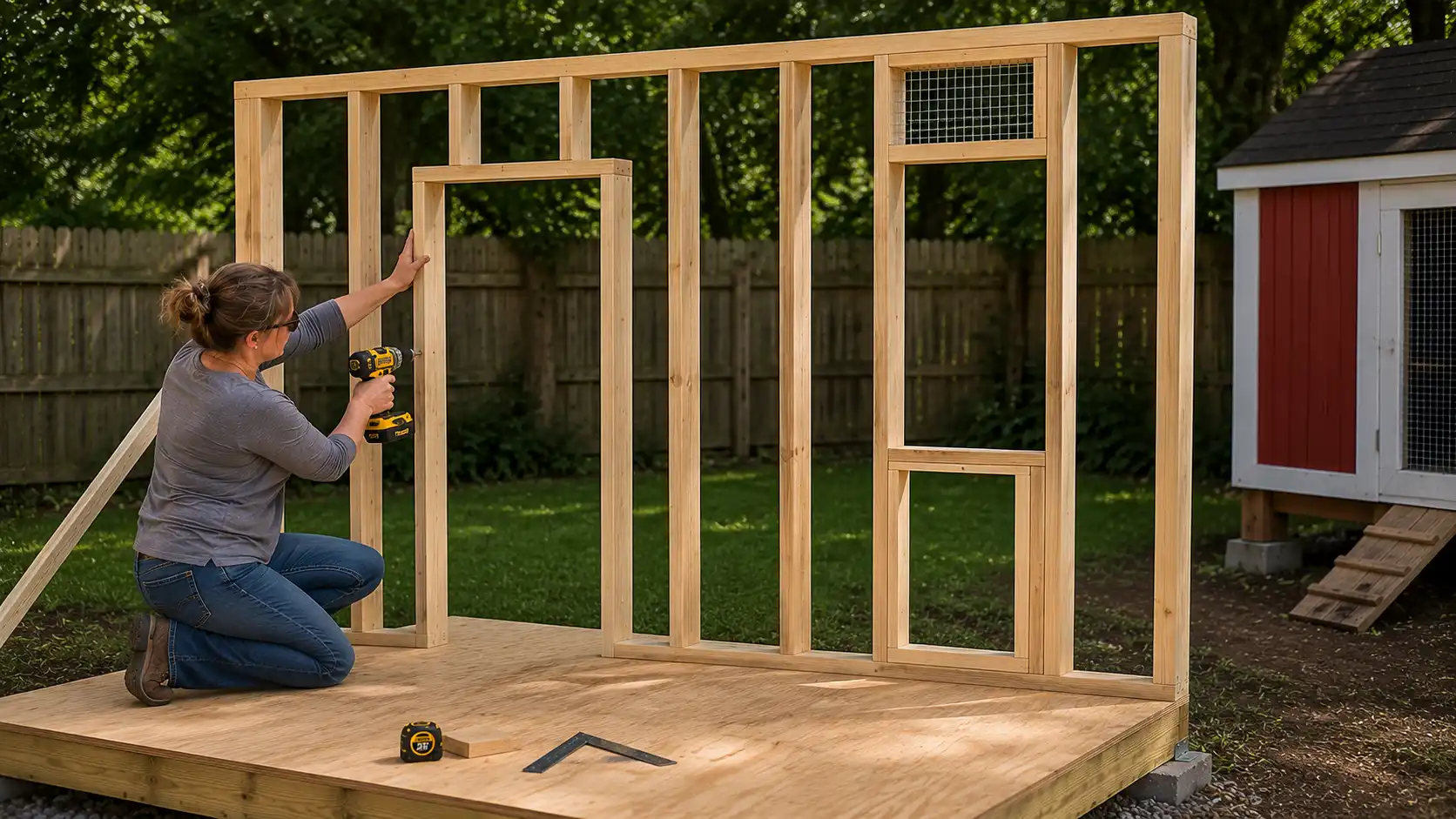 DIY chicken coop wall construction with framed door opening, ventilation window, and wooden stud assembly on a raised platform