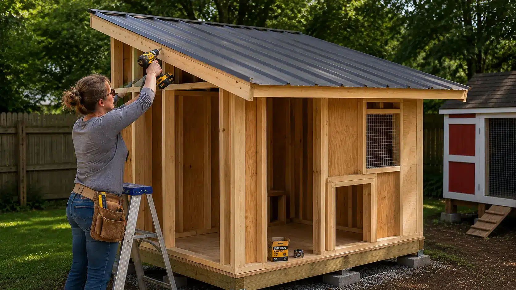 Chicken coop roof installation with corrugated metal panels, framed walls, and ventilation opening in a backyard build