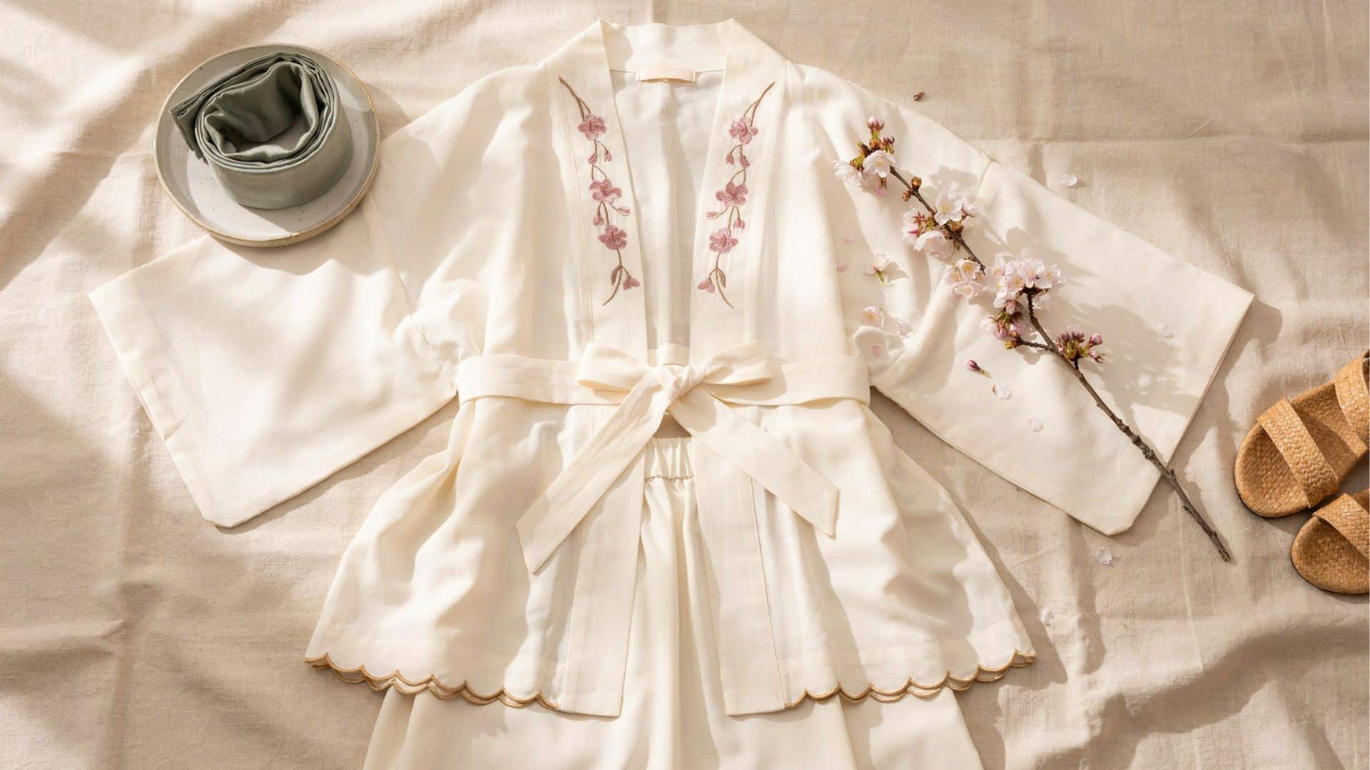 Cream kimono-style robe with floral embroidery, waist tie belt, scalloped hem detailing, and matching accessories styled on a soft neutral fabric background.