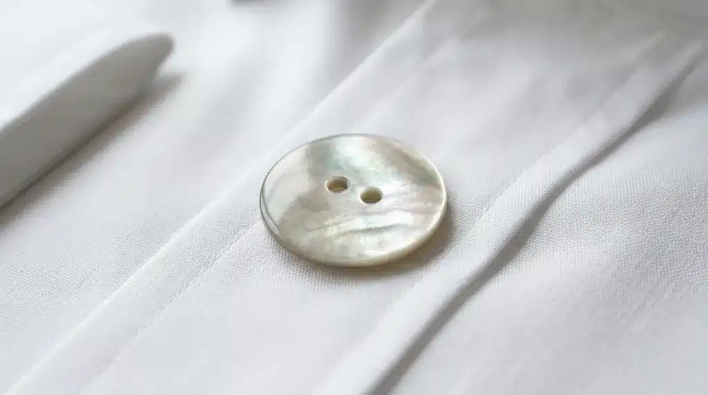 An iridescent, mother-of-pearl shell two-hole button sewn onto a crisp white shirt placket.