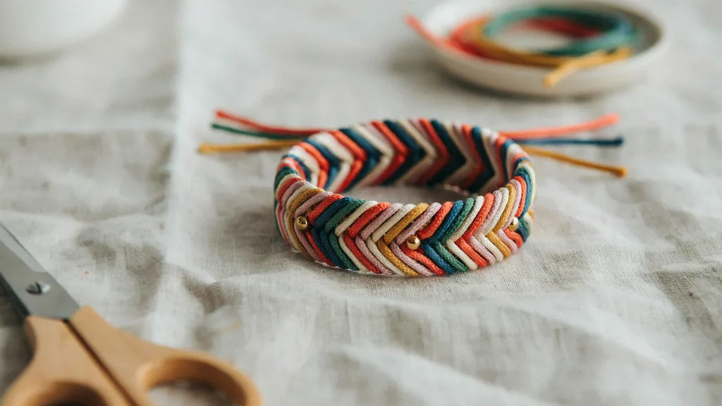 Round braided Kumihimo friendship bracelet made with colorful embroidery floss.