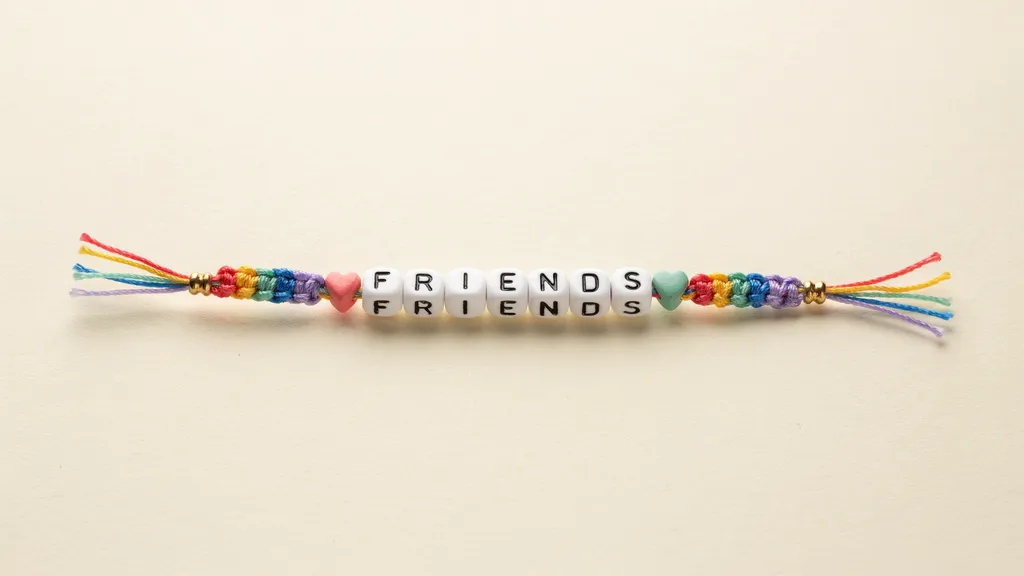 Friendship bracelet with rainbow cords and letter beads spelling FRIENDS.