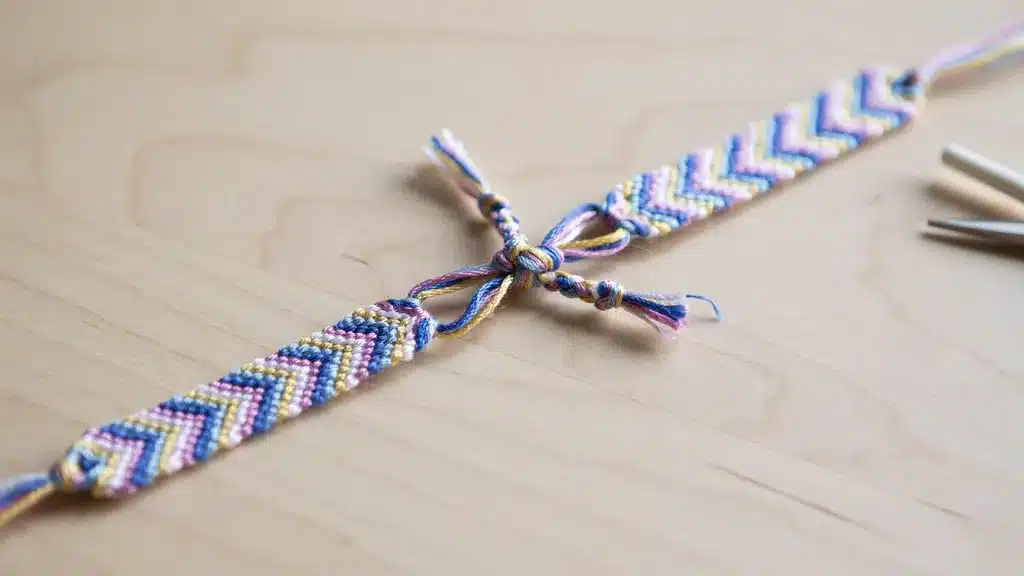 Chevron friendship bracelet featuring a loop-and-braid closure for an adjustable fit.