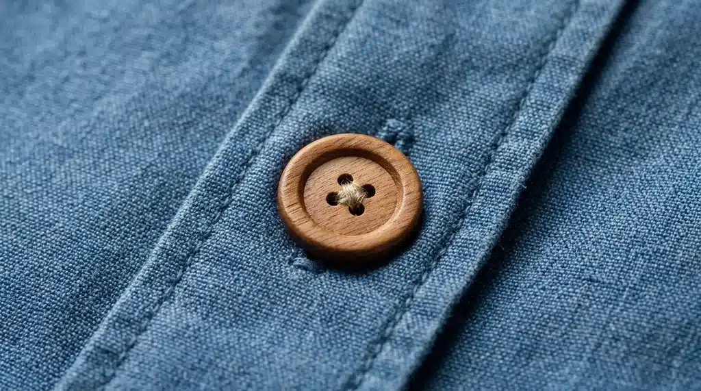 A round wooden four-hole button with a cross-stitch pattern sewn onto a textured blue linen fabric placket.