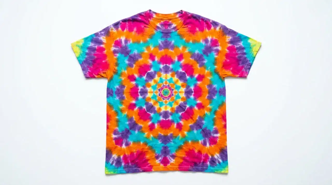 Symmetrical mandala tie dye shirt with intricate geometric shapes and vibrant color