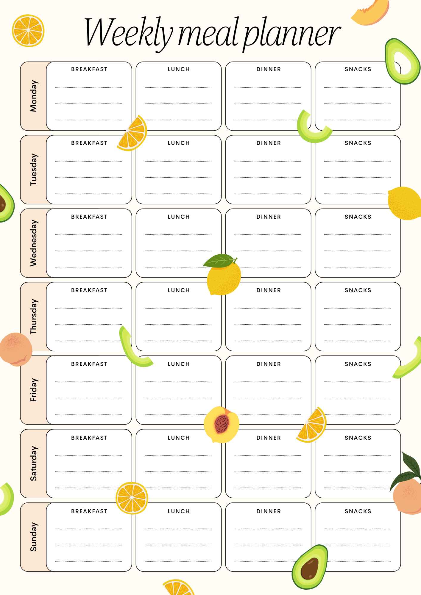 weekly meal planner bullet journal layout with sections for breakfast lunch dinner and snacks for each day from monday to sunday with fruit illustrations