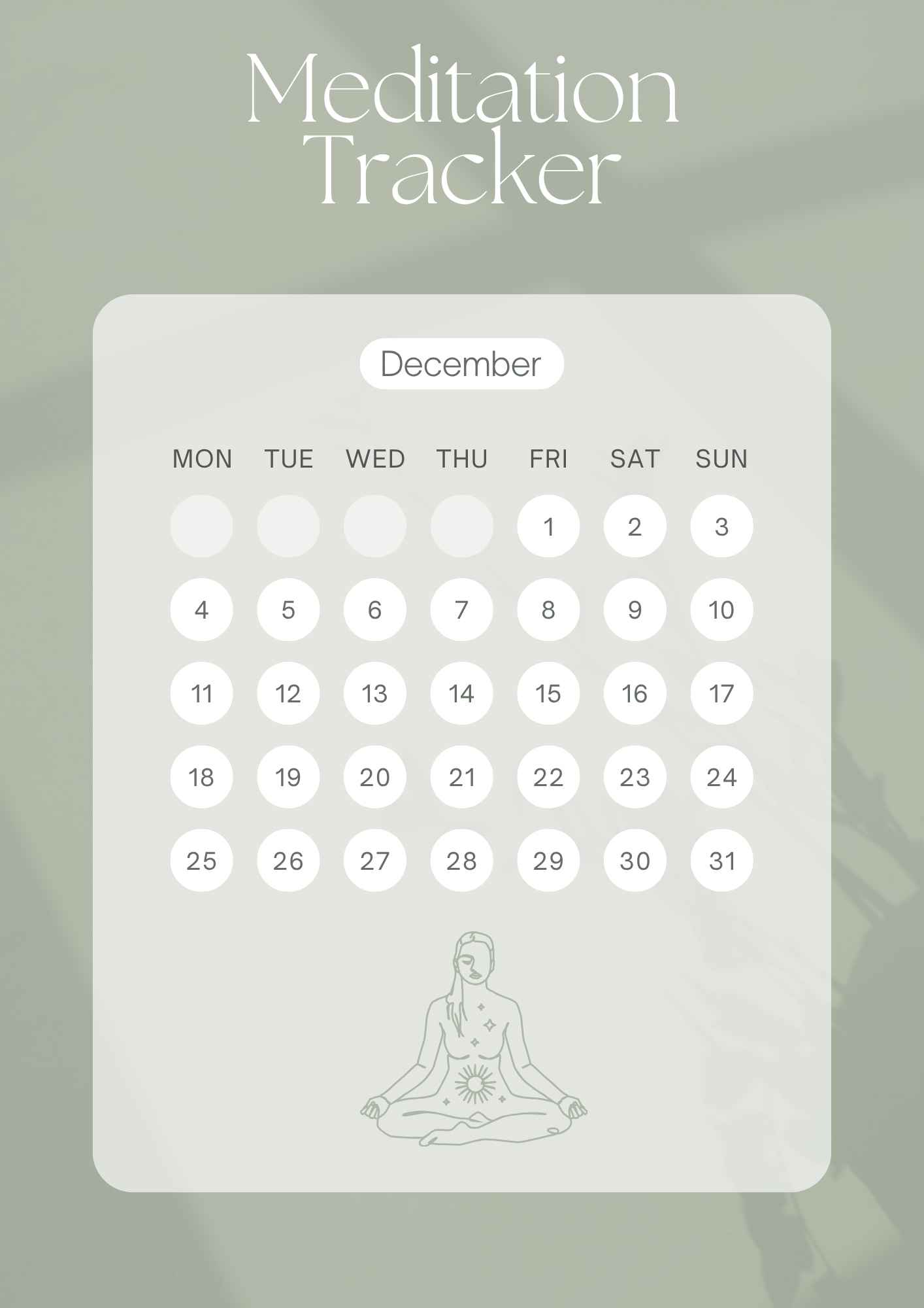 minimal meditation tracker with calendar and lotus pose illustration on soft green background