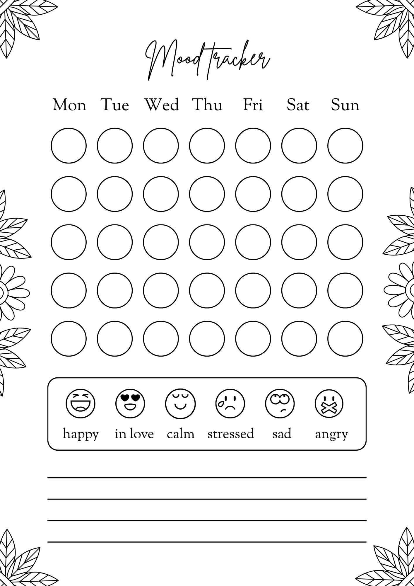weekly mood tracker with circles for each day and emoji icons for emotions like happy sad calm and stressed