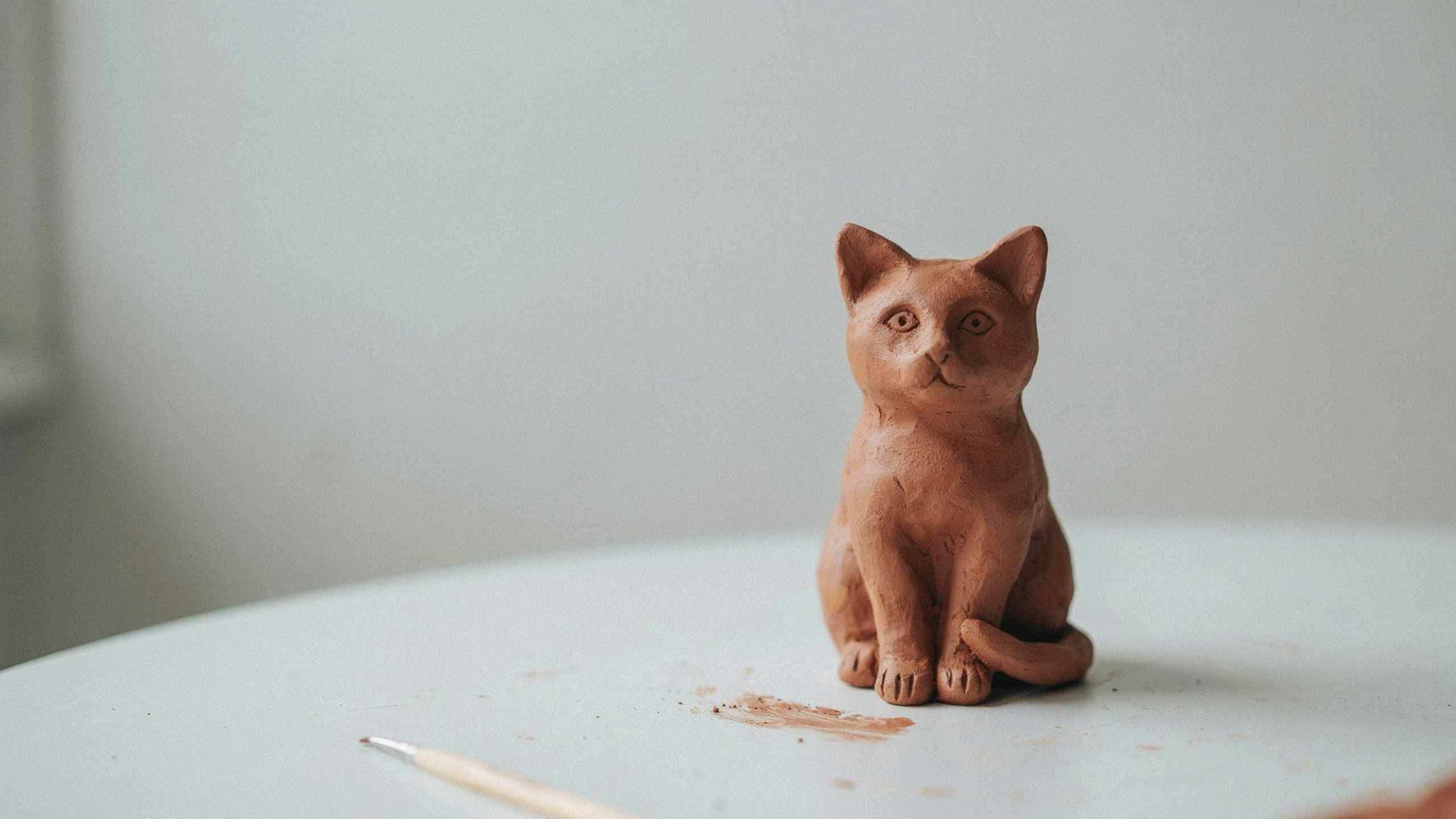Small handmade clay cat sitting on white table, soft gray background, clean minimal setup, natural daylight, simple beginner craft display.