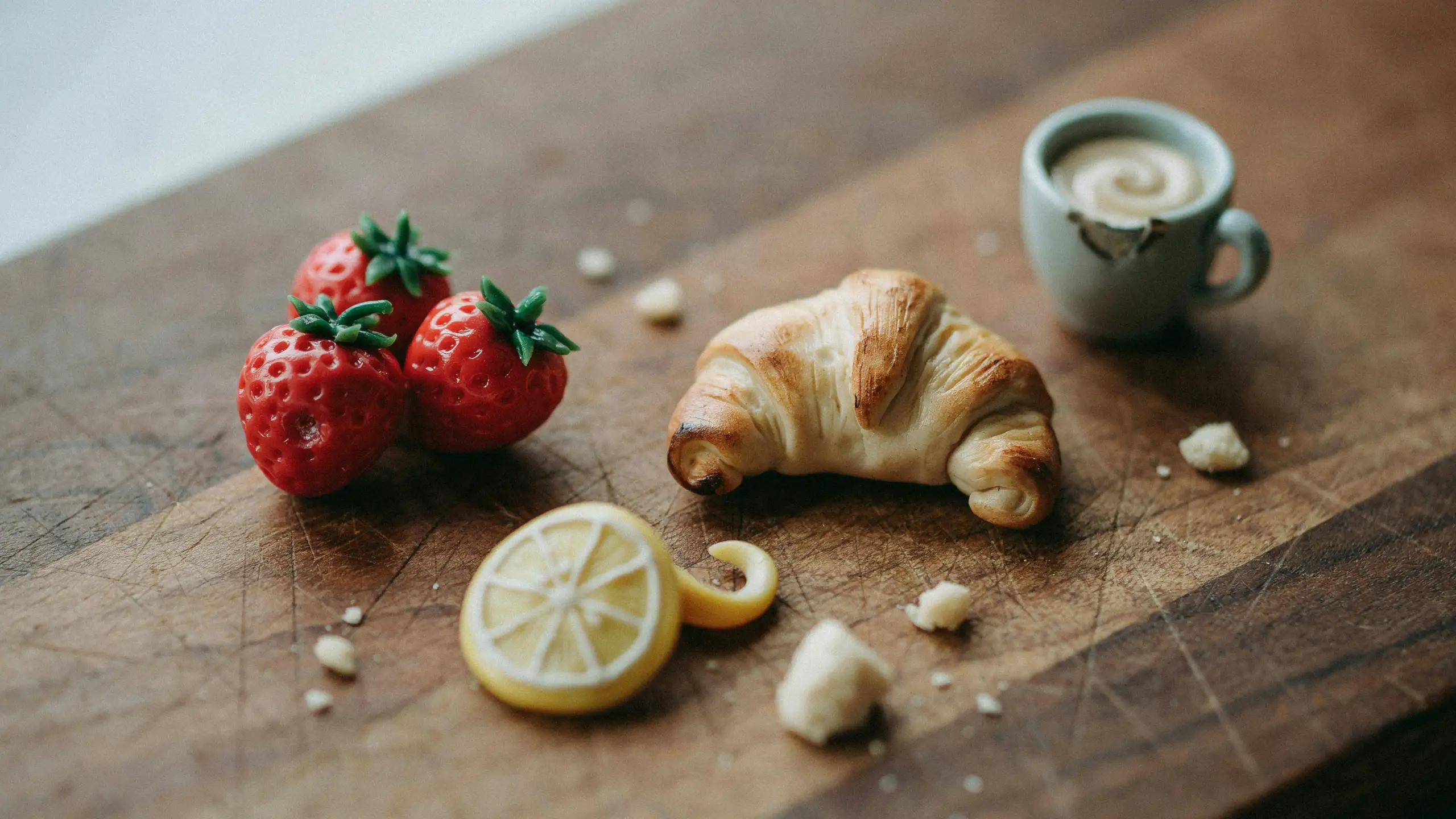 Tiny realistic clay food miniatures like fruits and pastries arranged on wooden surface.